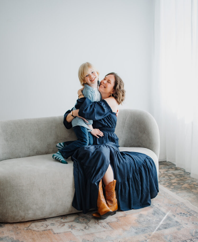 Mom hugs son during Athens, Georgia studio motherhood photoshoot