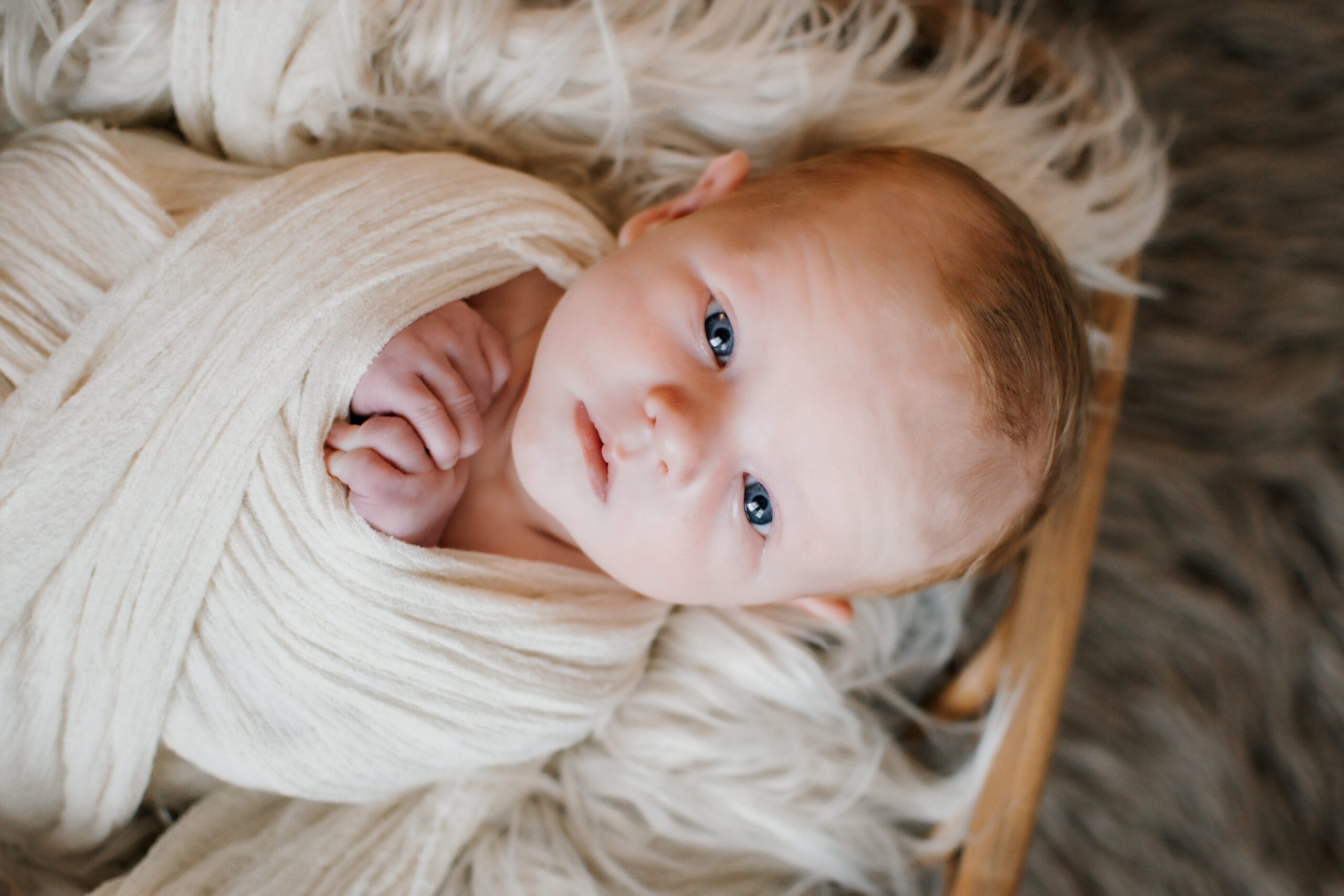 Posed newborn baby boy with blue eyes peers up at photographer