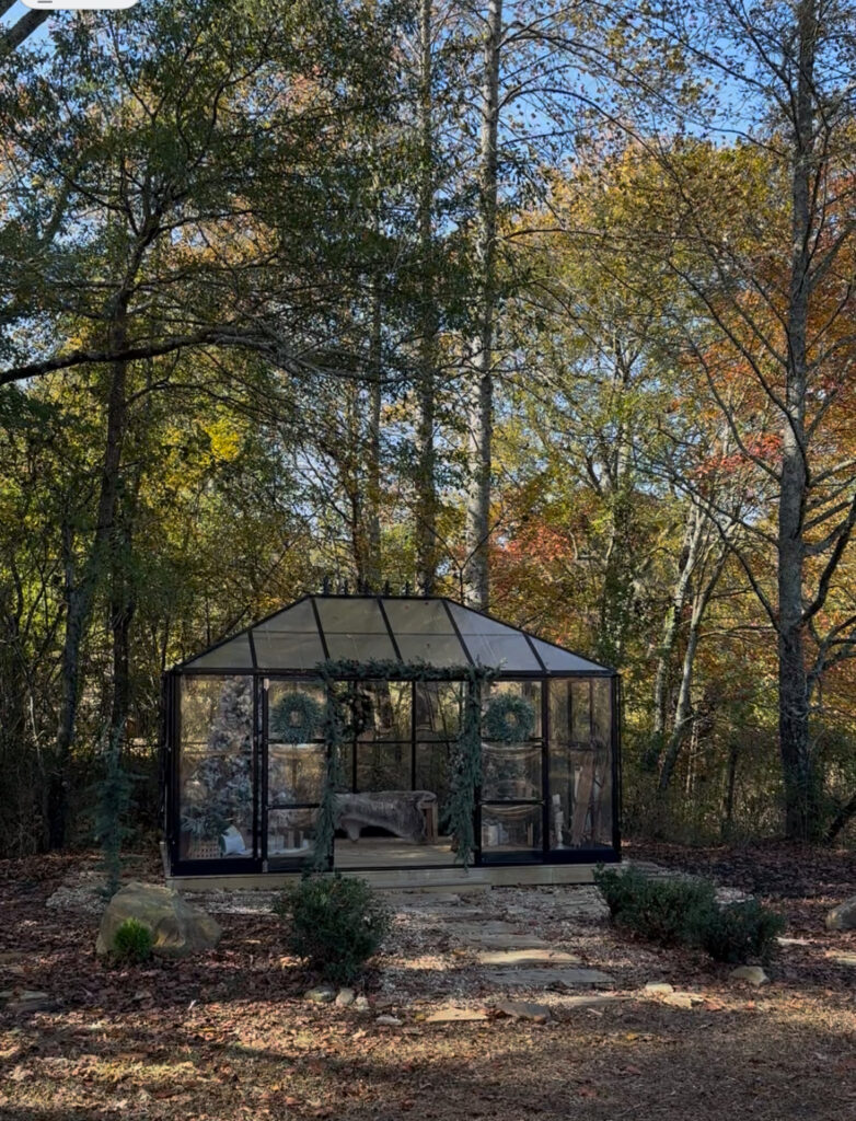 Image of the glass house decorated for Christmas at popular Lawrenceville, Georgia photo location Prospect Farms.