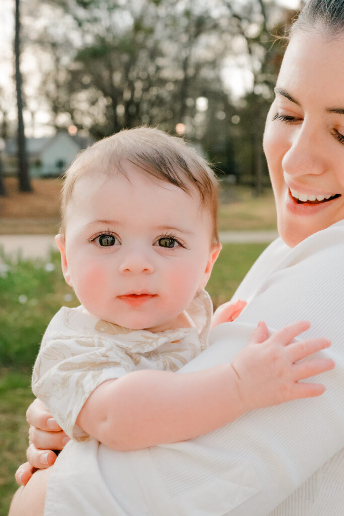 mom and son smile for motherhood mini session in Atlanta