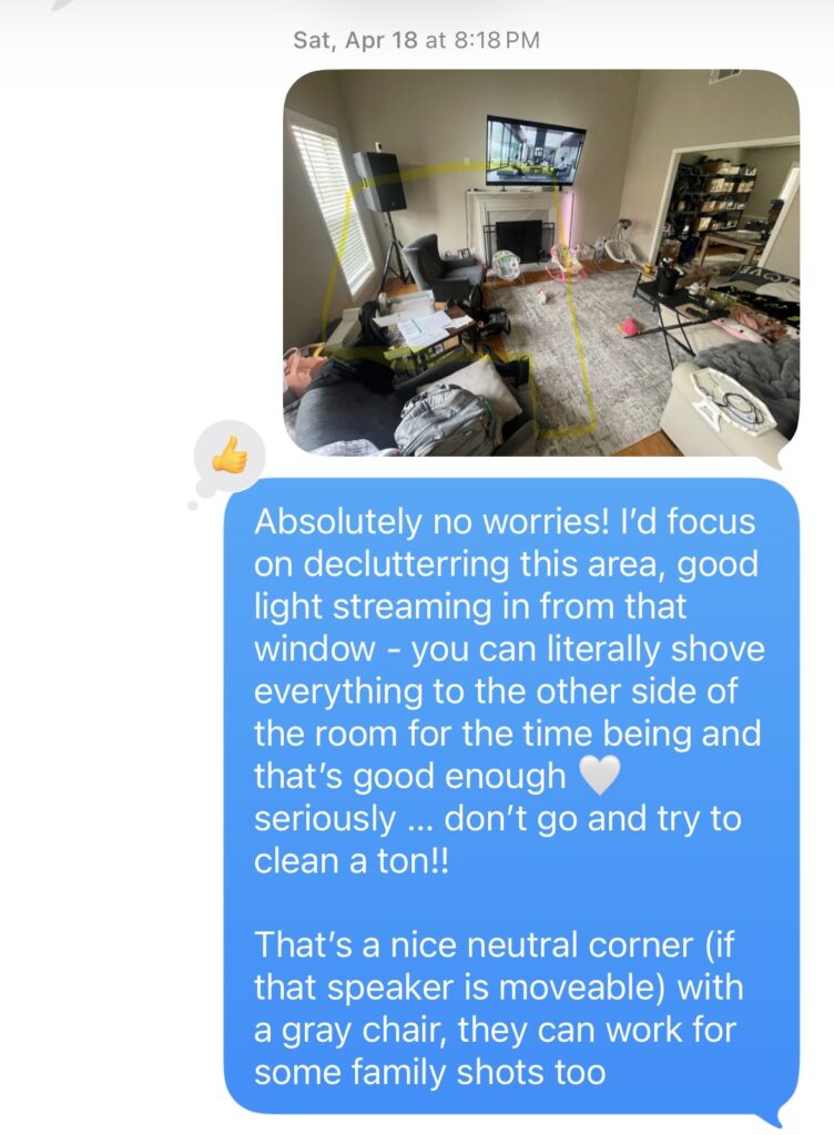 screenshot of text from Jessica Grace to client as they prepare their home for newborn photos